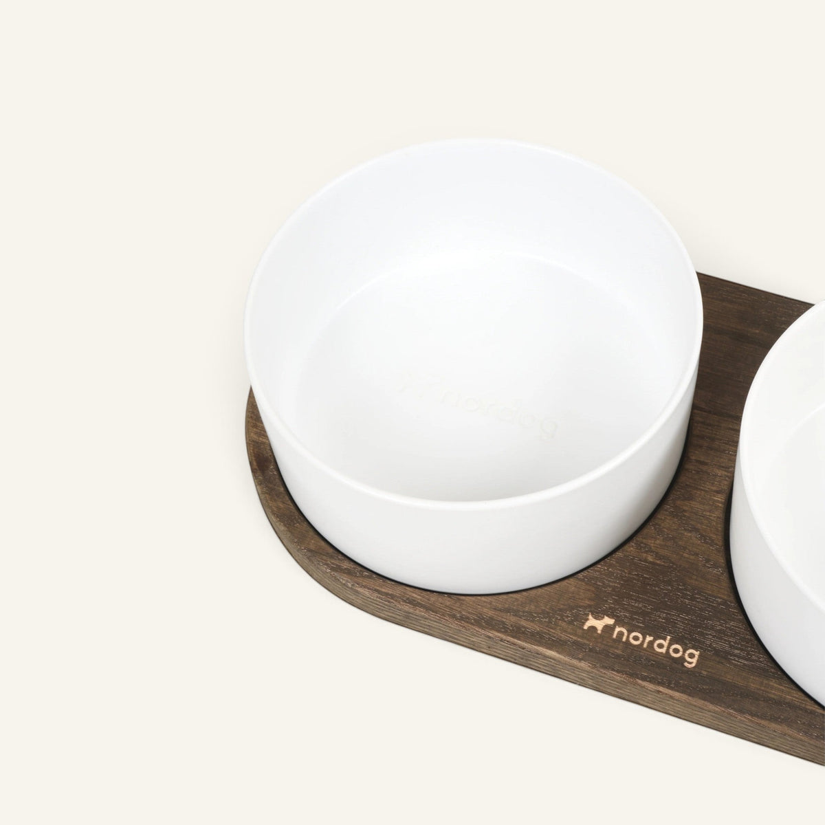 Patomia Barcelona double dog bowl set with white ceramic bowls on a dark smoked oak wooden base