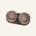 Charger l'image dans la visionneuse de la galerie, Patomia Barcelona double dog bowl with a dark smoked oak base and two mocha ceramic bowls for feeding
