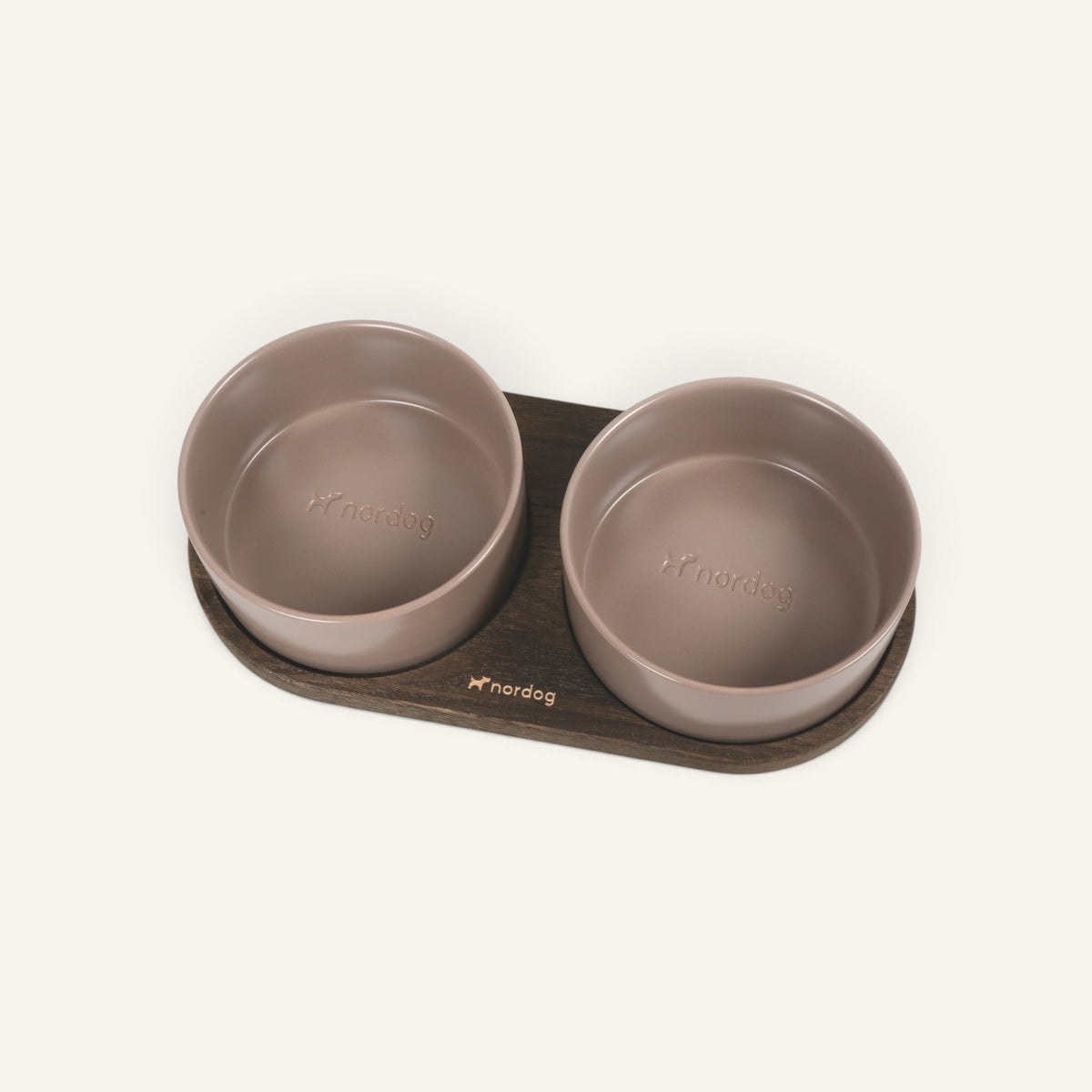 Patomia Barcelona double dog bowl with a dark smoked oak base and two mocha ceramic bowls for feeding
