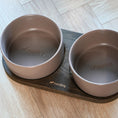 Charger l'image dans la visionneuse de la galerie, Patomia Barcelona double dog bowl set with dark smoked oak wooden base and two mocha ceramic bowls
