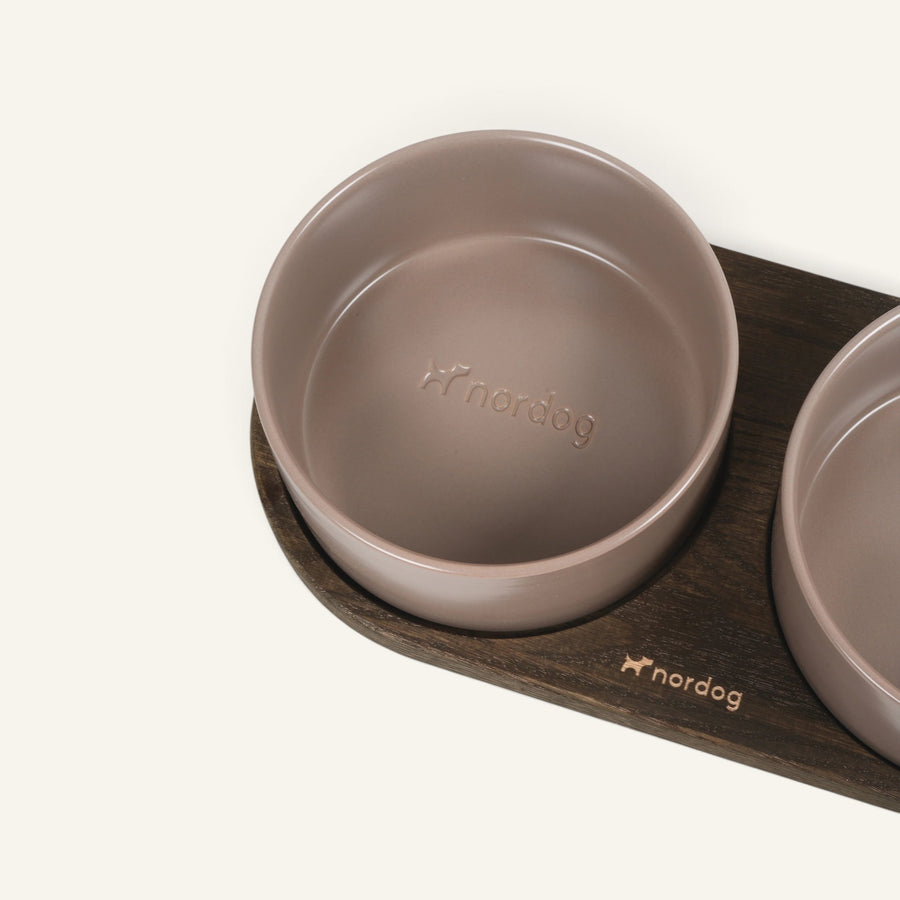 Patomia Barcelona double dog bowl with a dark smoked oak base and two mocha ceramic bowls
