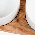 Charger l'image dans la visionneuse de la galerie, Patomia Barcelona double dog bowl set with white ceramic bowls on a light oiled oak wood base
