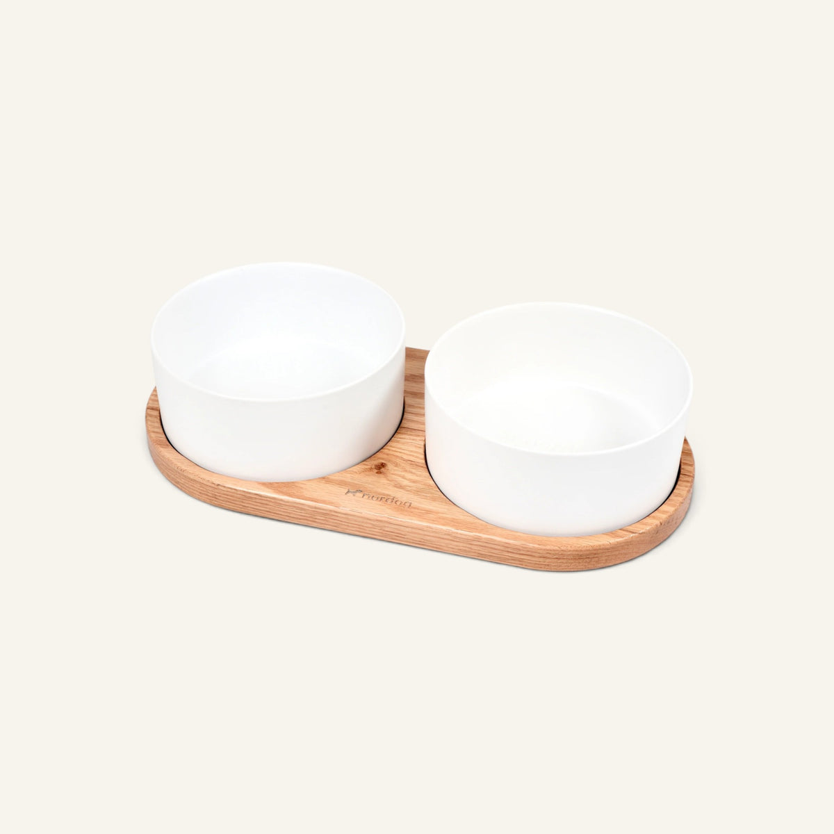 Patomia Barcelona double dog bowl set with a light oiled oak wooden base and two white ceramic bowls