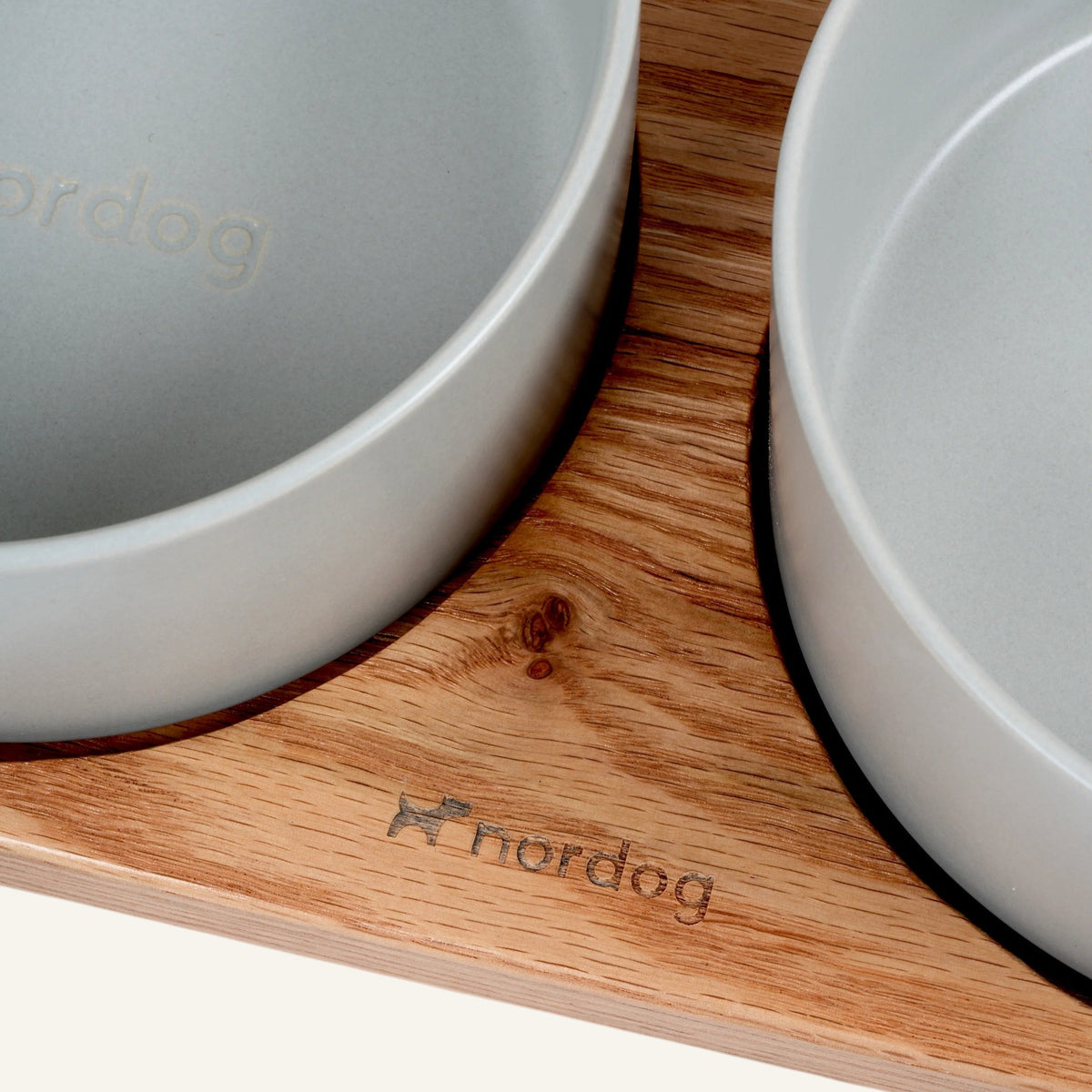 Patomia Barcelona double dog bowl set with light oiled oak wooden base and two grey ceramic bowls