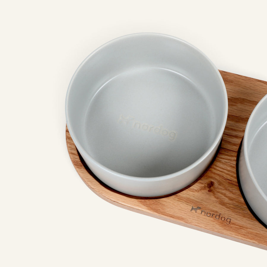Patomia Barcelona double dog bowl set with light oiled oak wooden base and two grey ceramic bowls