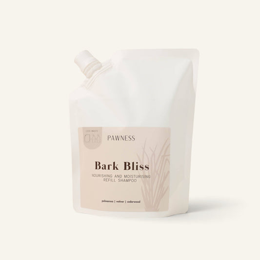 Patomia Bark Bliss dog shampoo refill pouch in a 500ml eco-friendly white plastic bag with minimalist label design.