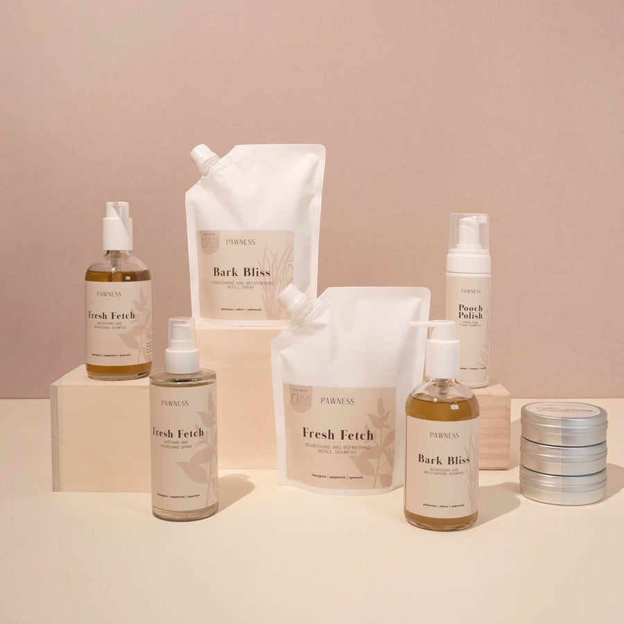 Patomia Bark Bliss and Fresh Fetch dog grooming collection featuring glass bottles and eco-friendly refill pouches.