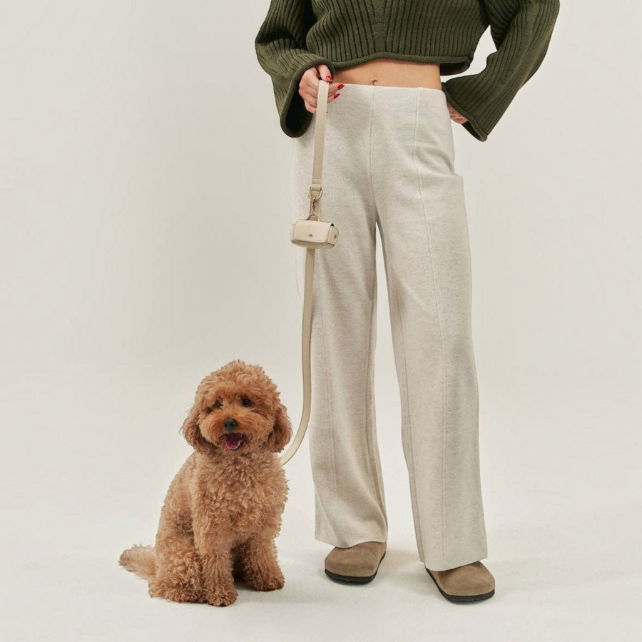 Patomia beige vegan leather dog leash with zamak hardware held by a woman standing next to a brown poodle