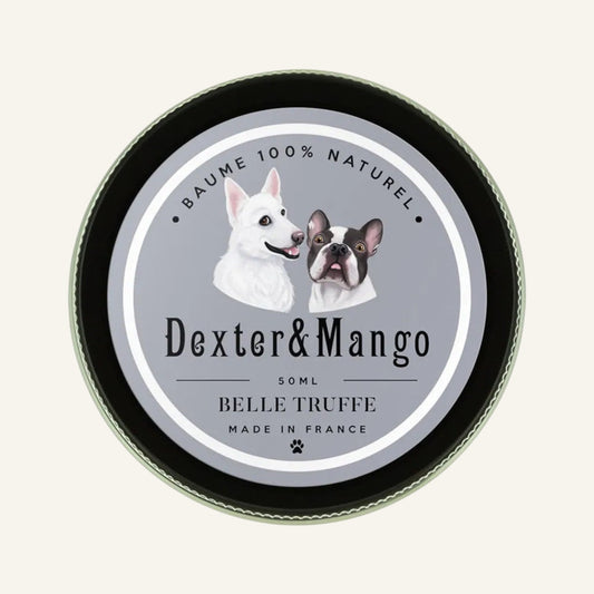 Patomia Belle truffe natural dog nose balm in a 50ml round tin with illustrations of two dogs on the label.