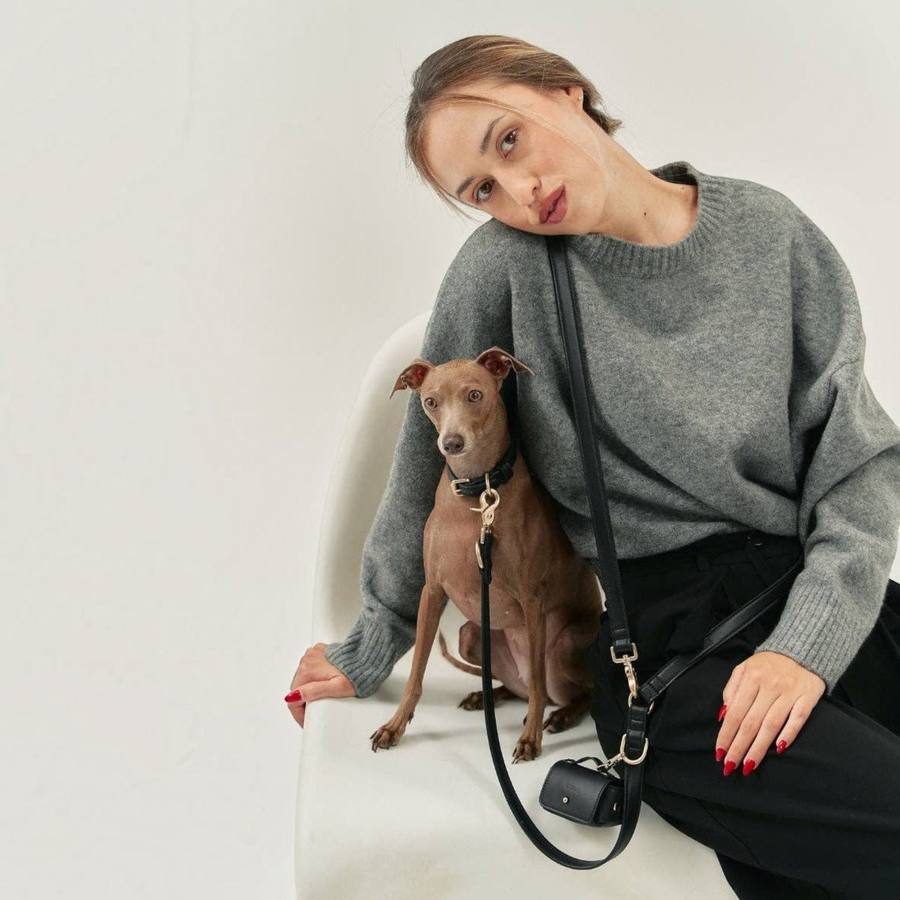Patomia black vegan leather dog collar with zamak hardware worn by a small dog sitting next to a woman in a studio