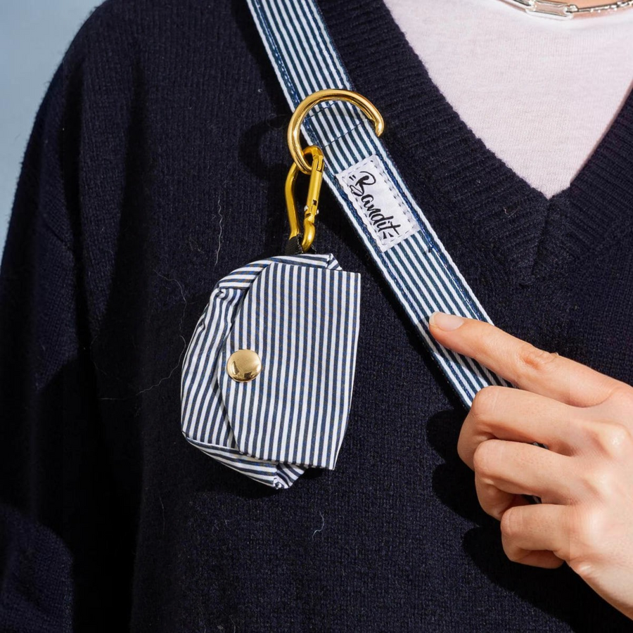 Patomia blue striped dog waste bag pouch with gold snap button, clipped to a matching striped leash strap.