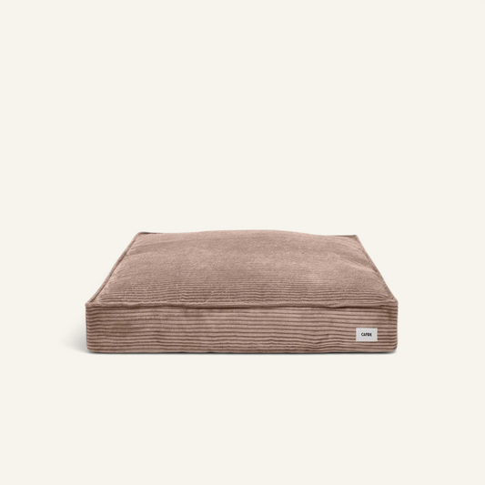 Patomia Cuadra mocha beige corduroy dog bed with a soft, removable cover and recycled foam filling.