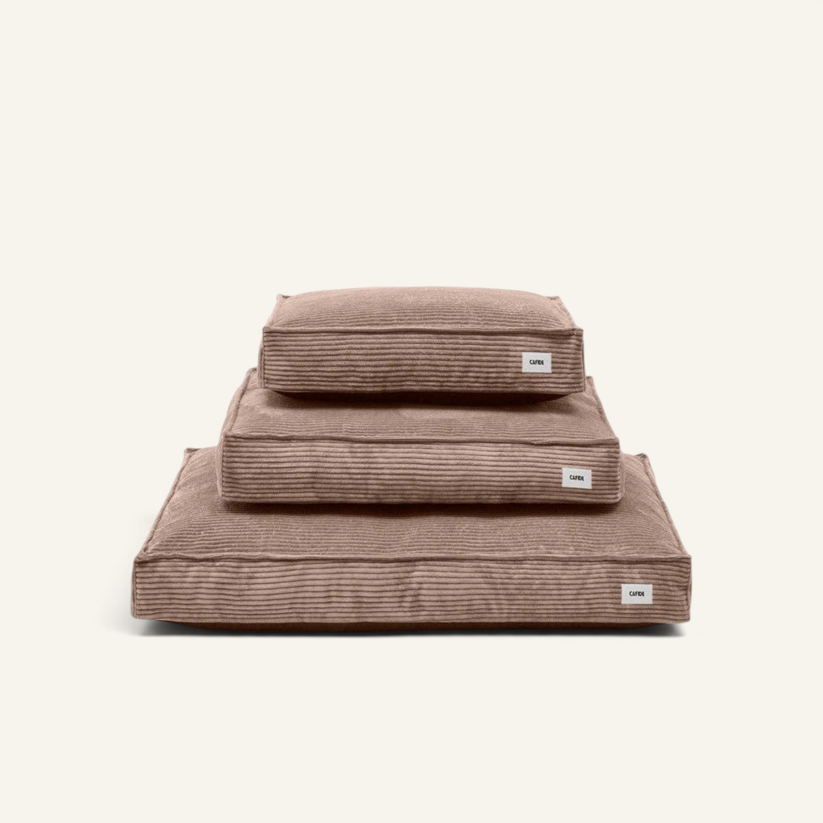 Patomia Cuadra mocha beige corduroy dog bed with removable cover and recycled foam filling in three stacked sizes