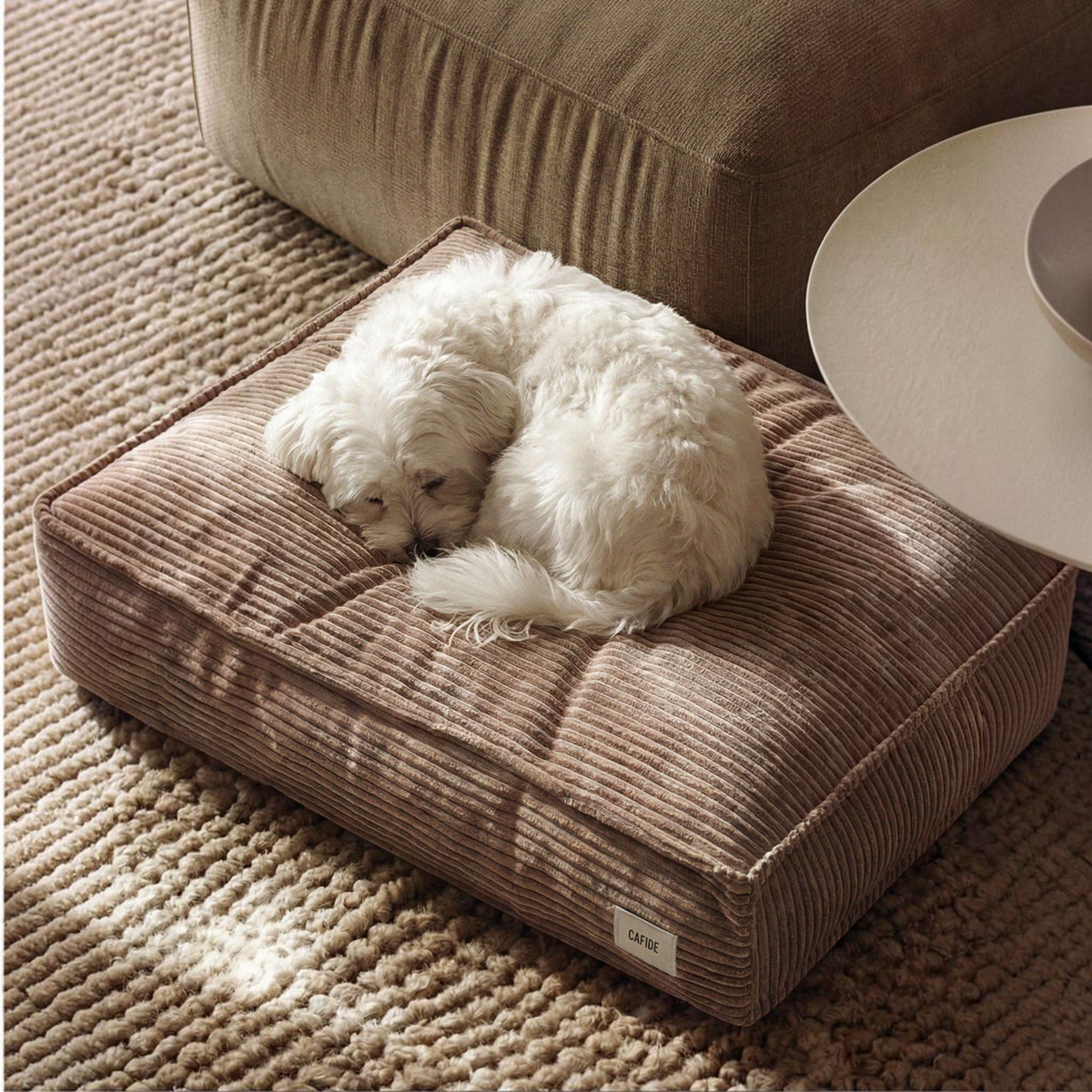 Patomia Cuadra mocha beige corduroy dog bed with a small white dog sleeping on top in a cozy living room setting.