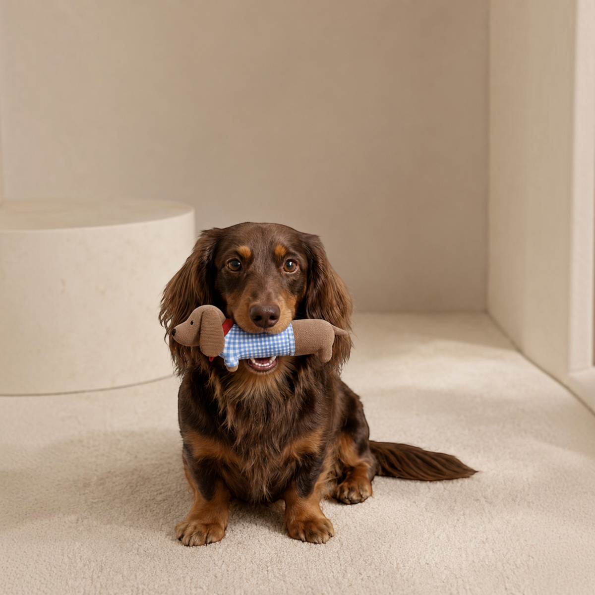 Patomia dachshund plush squeaky toy held in the mouth of a long-haired brown dachshund dog in a studio setting