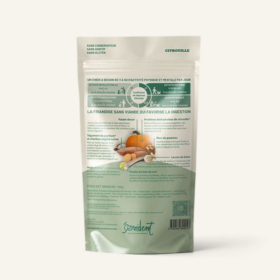 Back of Patomia Daisy digestive dog treat pouch featuring pumpkin, sweet potato, and natural ingredient details.