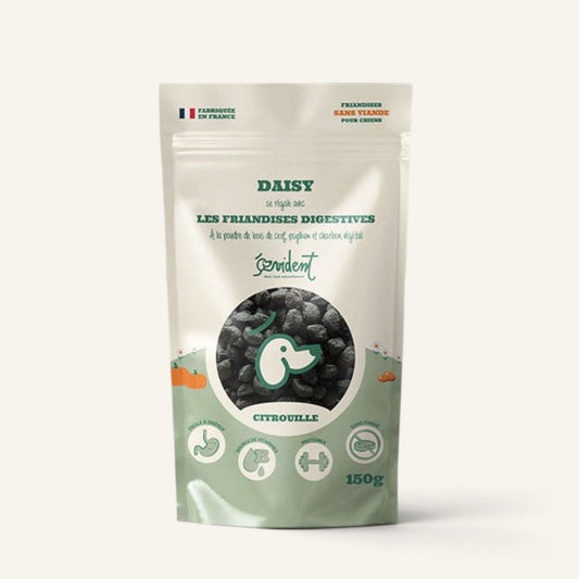 Patomia Daisy digestive dog treats in a 150g resealable pouch with pumpkin, charcoal, and natural ingredients.