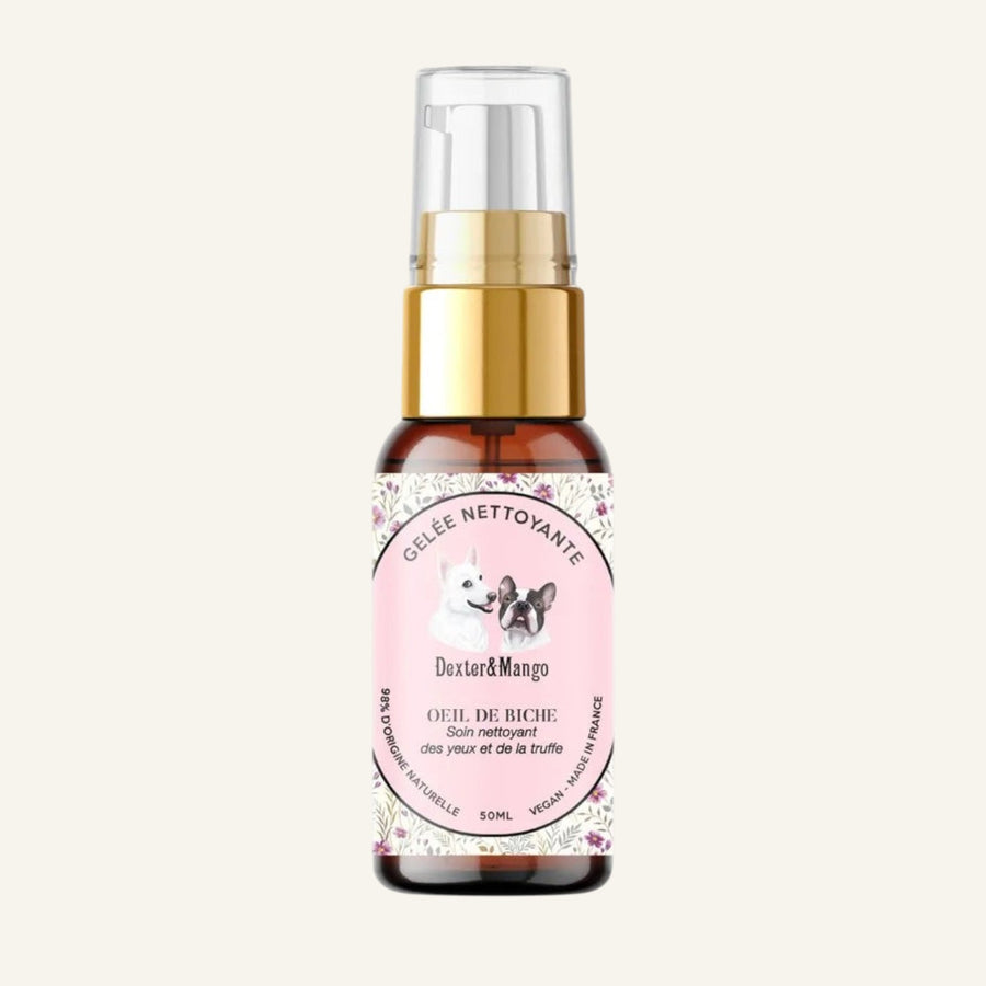 Patomia Oeil de biche natural dog eye and nose cleansing gel in a 50ml amber glass bottle with a gold pump dispenser.