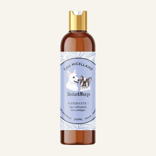 Patomia Ô Pimpante! natural micellar cleansing water for dogs in a 200ml amber bottle with a gold cap.