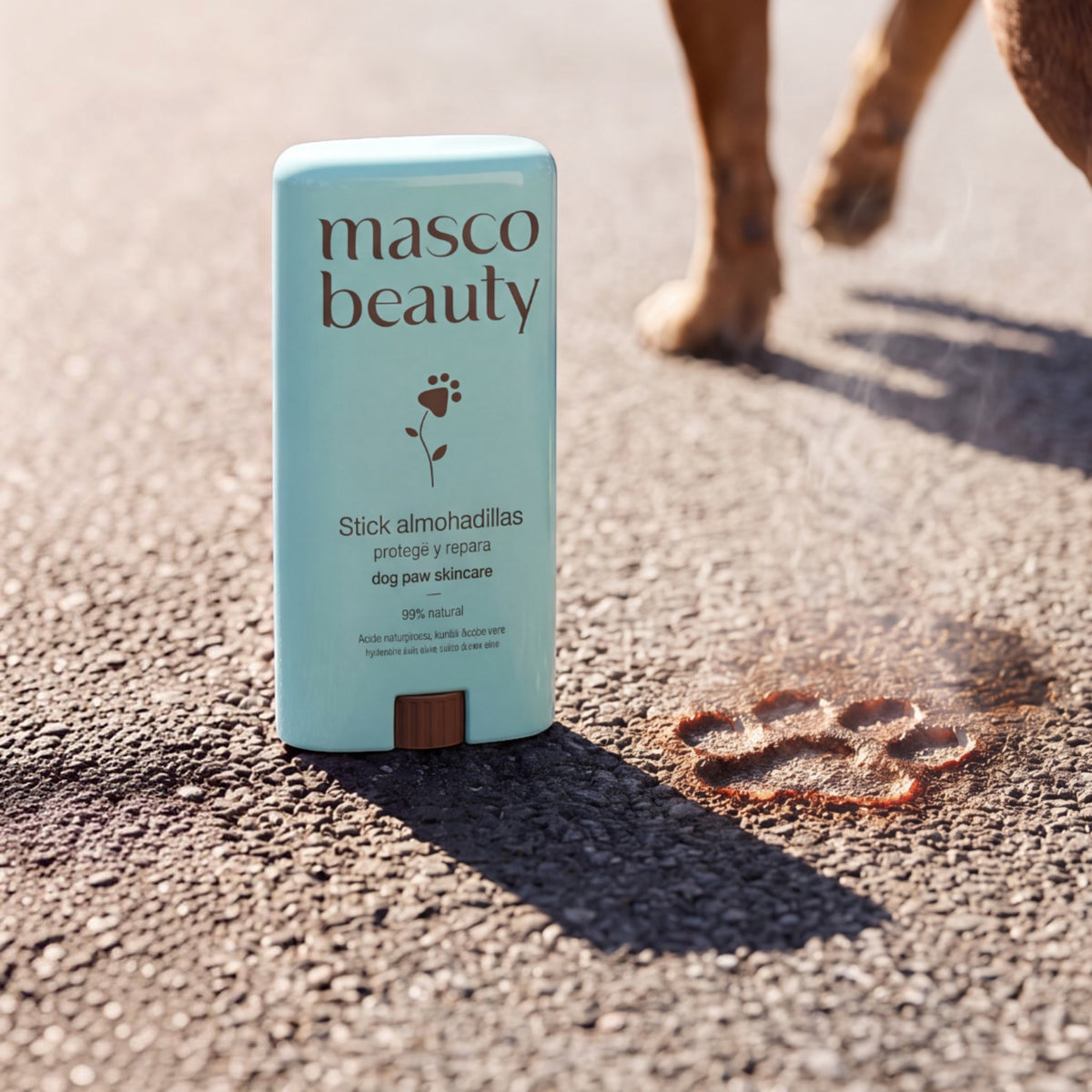 Patomia dog paw balm stick in light blue packaging on hot asphalt with a paw print mark, protecting pet skin.