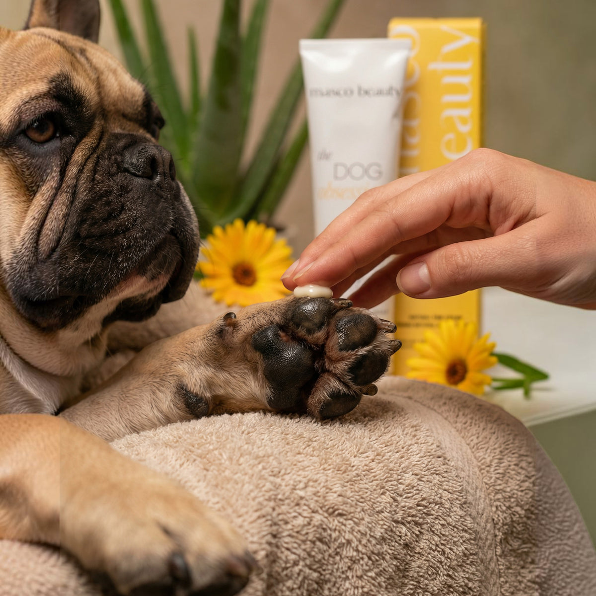 Patomia soothing repair balm being applied to a French Bulldog's paw, with product packaging and flowers in the background.