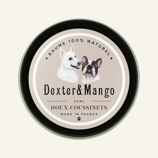 Patomia Doux Coussinets natural paw balm for dogs in a 50ml tin with Dexter & Mango label illustration