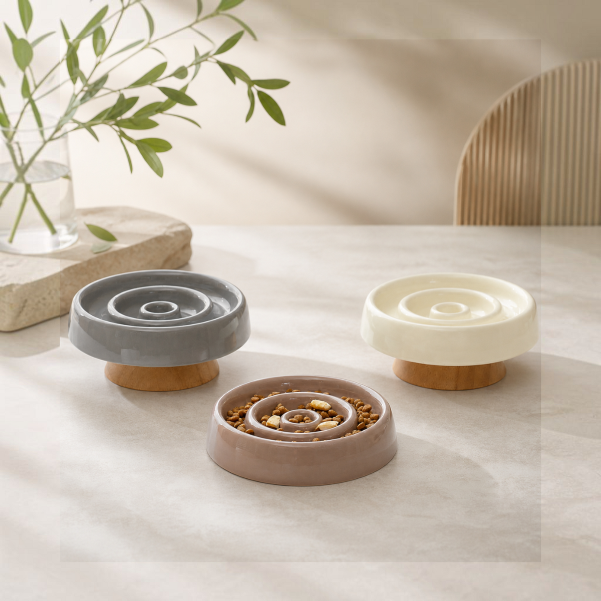 Patomia elevated ceramic slow feeder bowls for cats and small dogs with spiral grooves and wooden bases in three colors