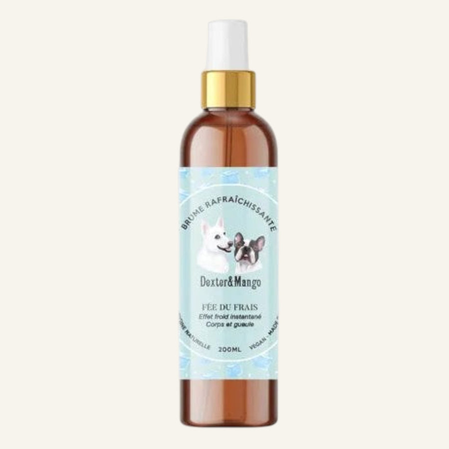 Patomia Fée du frais refreshing dog spray in a 200ml amber bottle with a gold pump and illustrated label
