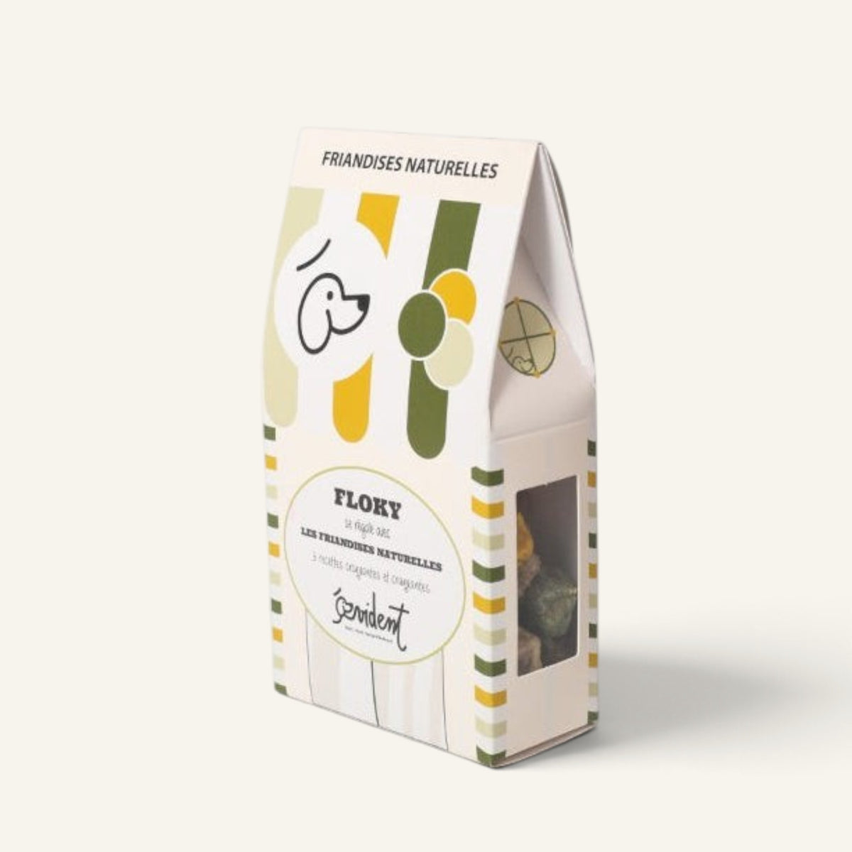 Patomia Floky natural organic dog treats in a white box with green and yellow striped branding