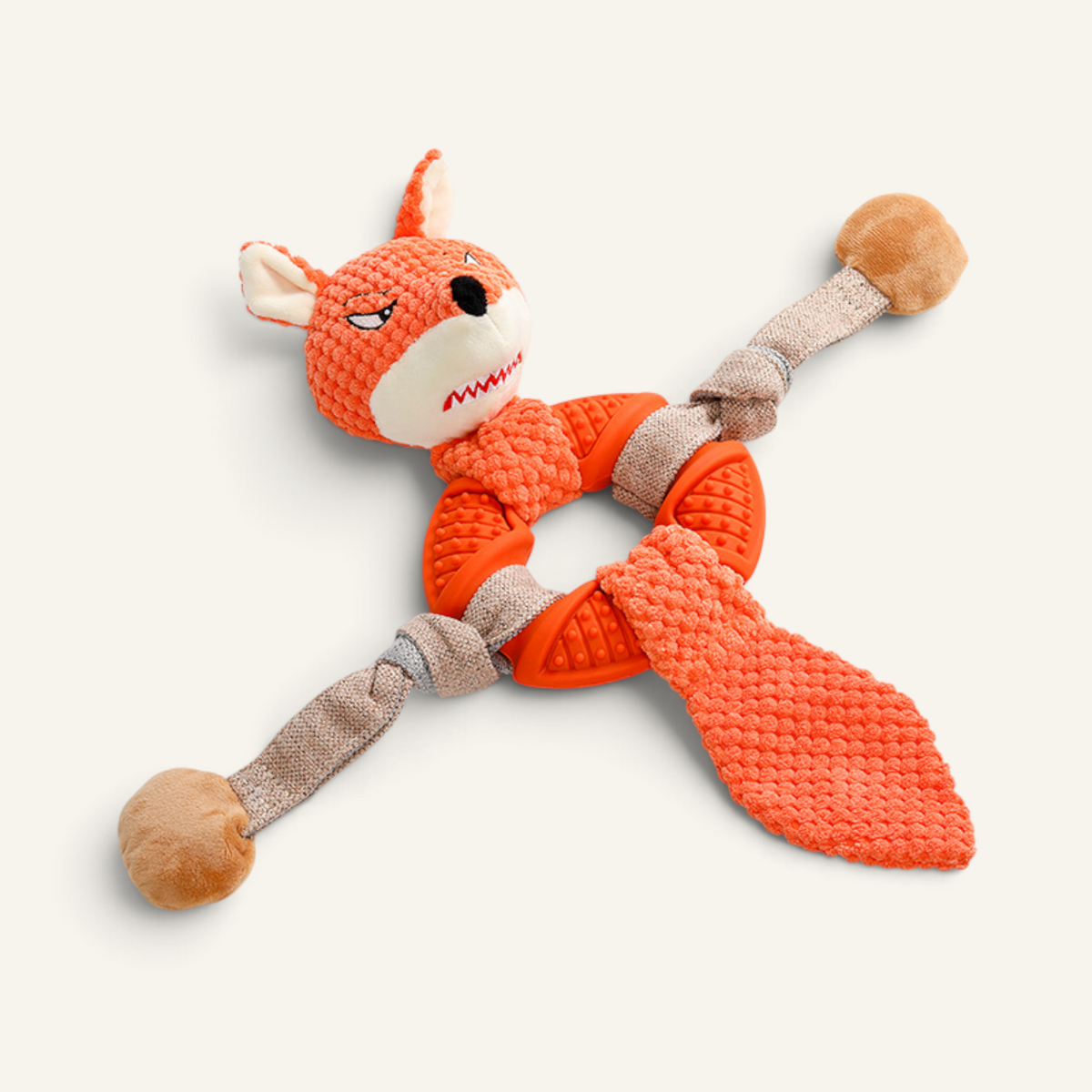 Patomia fox dog toy with plush head, textured rubber ring, and knotted rope arms for interactive play and chewing.