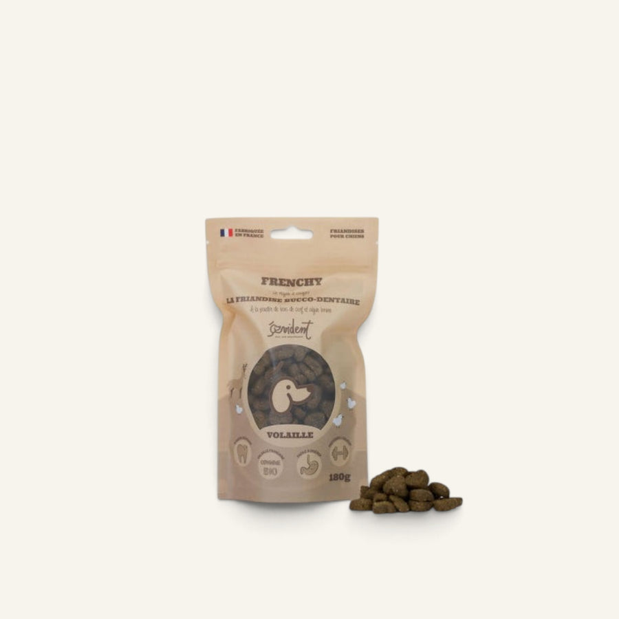 Patomia Frenchy natural dental dog treats with deer antler powder and organic poultry in a resealable pouch