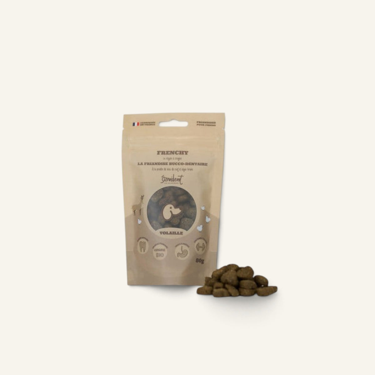 Patomia Frenchy natural dental dog treats with deer antler powder and poultry in a beige resealable pouch