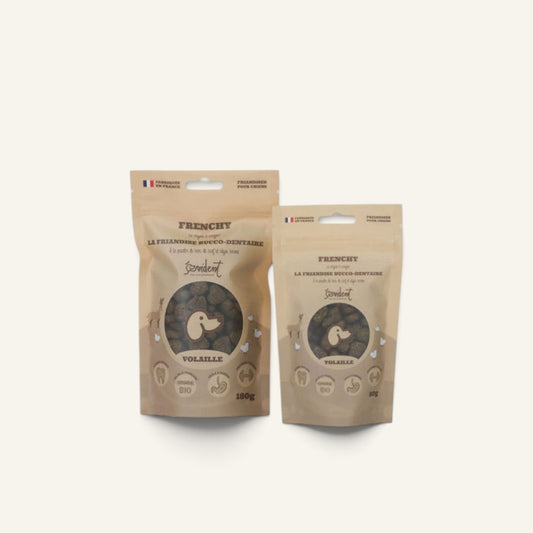 Patomia Frenchy natural dental treats for dogs in two pouch sizes with poultry, deer antler powder, and brown algae.