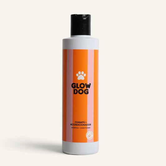 Patomia Glow Dog 2-in-1 vitamin shampoo and conditioner for dogs in an orange and white striped bottle