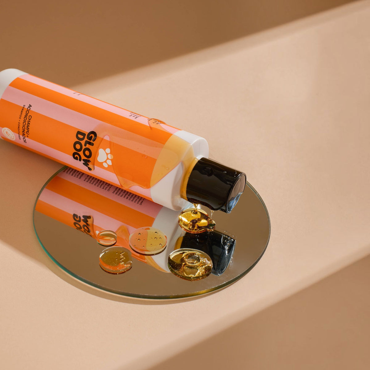 Patomia Glow Dog 2-in-1 vitamin shampoo and conditioner for dogs in an orange bottle with golden liquid on a mirror
