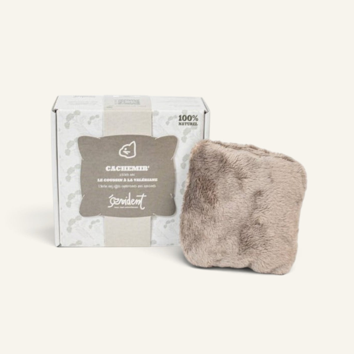 Patomia Cachemir grey plush valerian cat cushion toy next to its product box