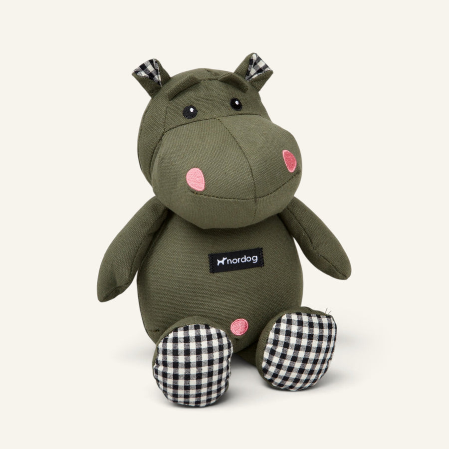 Patomia Henny olive green polyester hippopotamus dog toy with black and white checkered accents on feet and ears.