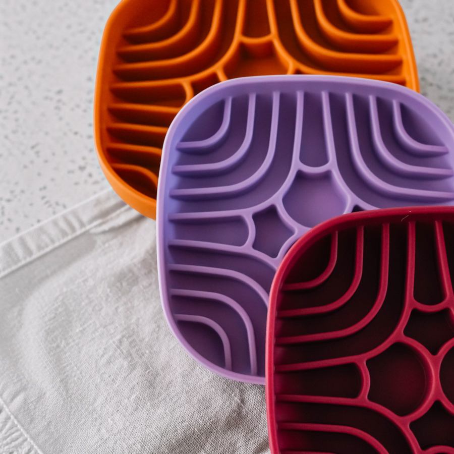 Patomia labyrinth dog lick mats in orange, purple, and dark red silicone for mental stimulation and slow feeding