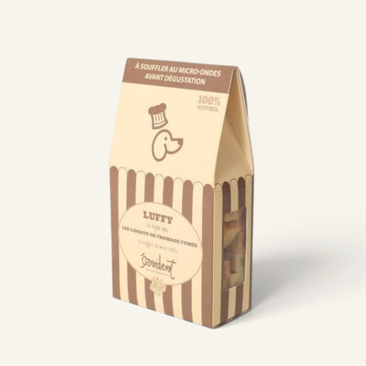 Patomia Luffy smoked cheese cubes for dogs in a beige and brown striped box, a natural, gluten-free treat.