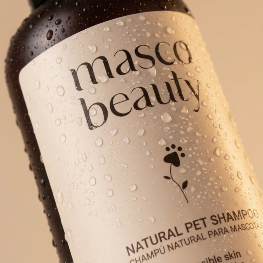 Patomia Masco Beauty natural aloe vera pet shampoo bottle for sensitive skin with water droplets on the label