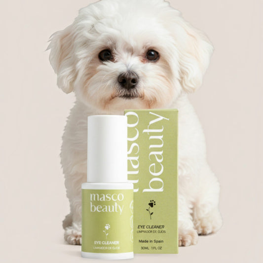 Patomia Masco Beauty natural eye cleaner bottle and box with a small white dog on a light background