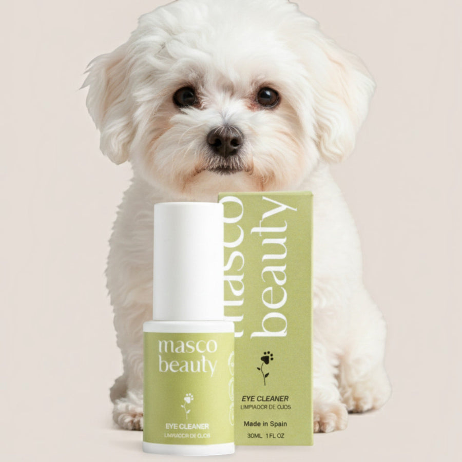 Patomia Masco Beauty natural eye cleaner bottle and box with a small white dog on a light background