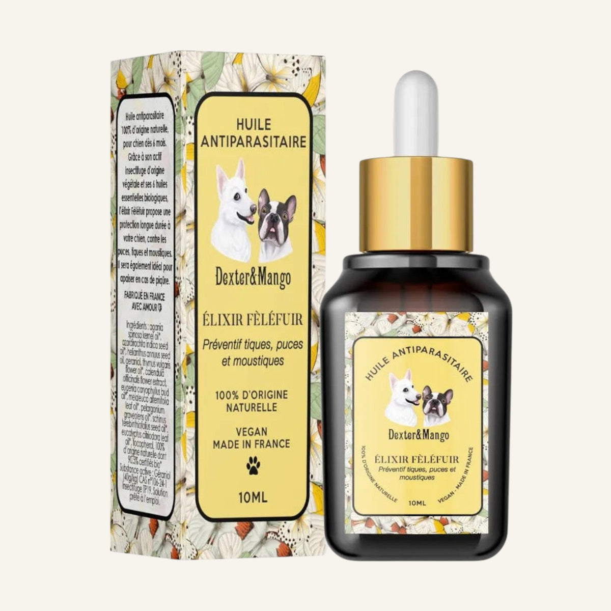 Patomia natural anti-parasite oil for dogs, 10ml dropper bottle with floral label featuring dog illustrations.