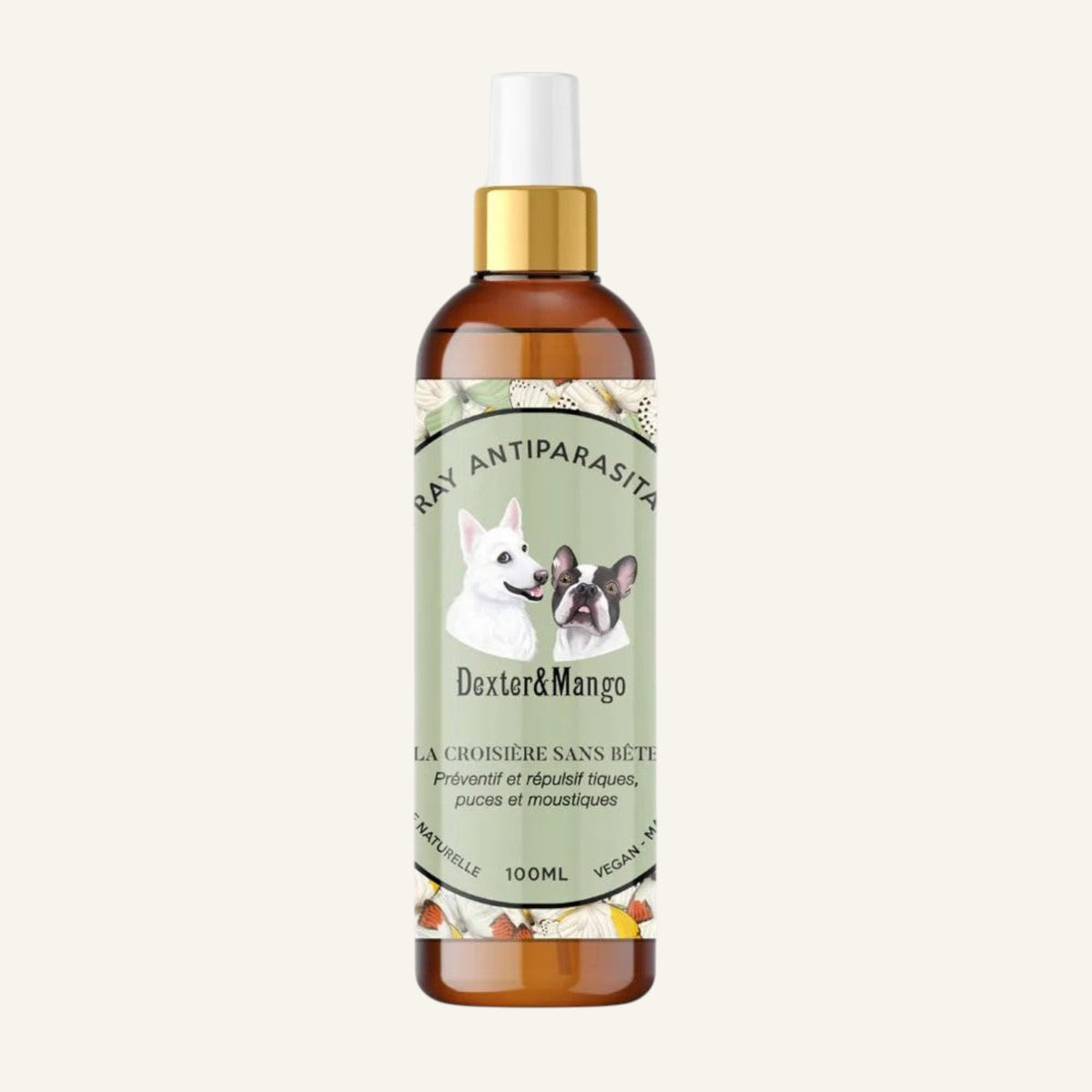 Patomia La croisière sans bête natural antiparasitic spray for dogs in a 100ml amber bottle with a gold pump