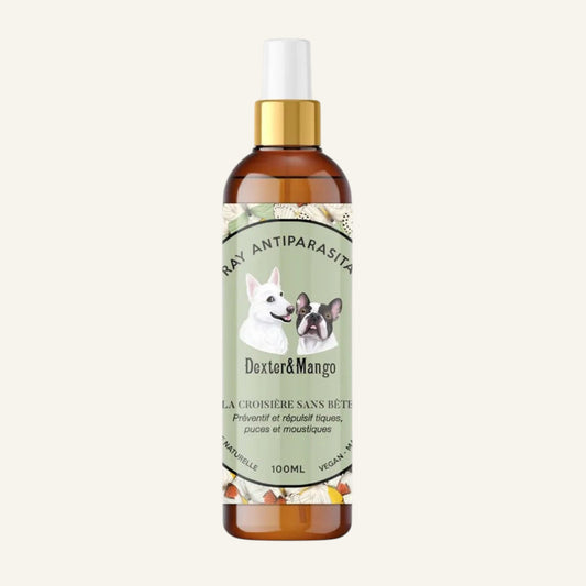 Patomia La croisière sans bête natural antiparasitic spray for dogs in a 100ml amber bottle with a gold pump