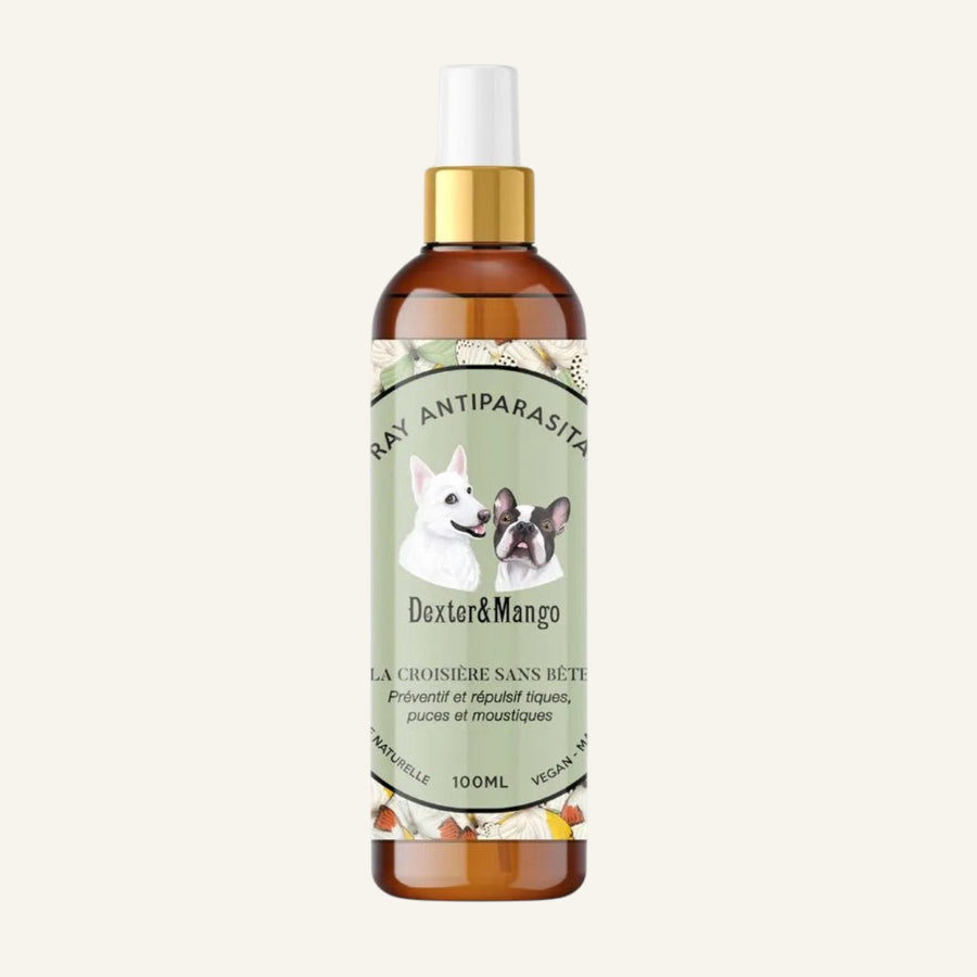 Patomia La croisière sans bête natural antiparasitic spray for dogs in a 100ml amber bottle with a gold pump