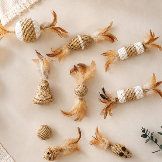 Patomia natural sisal cat toys with feathers, bells, and braided rope textures in various animal-inspired shapes