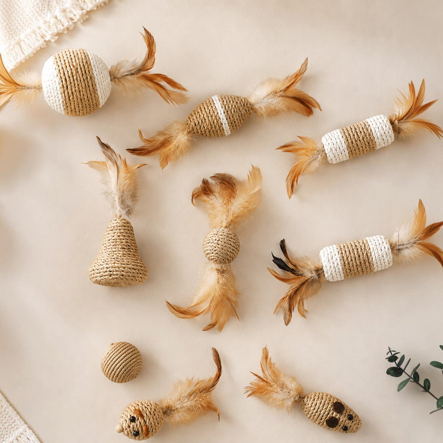 Patomia natural sisal cat toys with feathers and bells in various shapes for interactive play and scratching