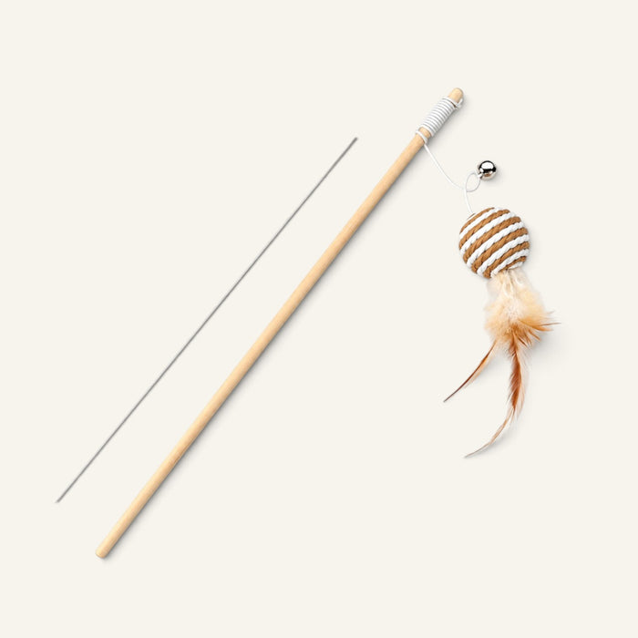 Patomia natural wood cat wand toy with a woven ball, feathers, and a small bell for interactive play