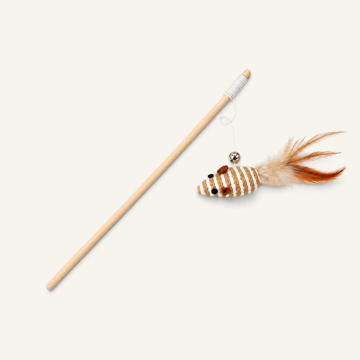 Patomia natural wood cat wand toy with a woven mouse, feathers, and a small bell for interactive play
